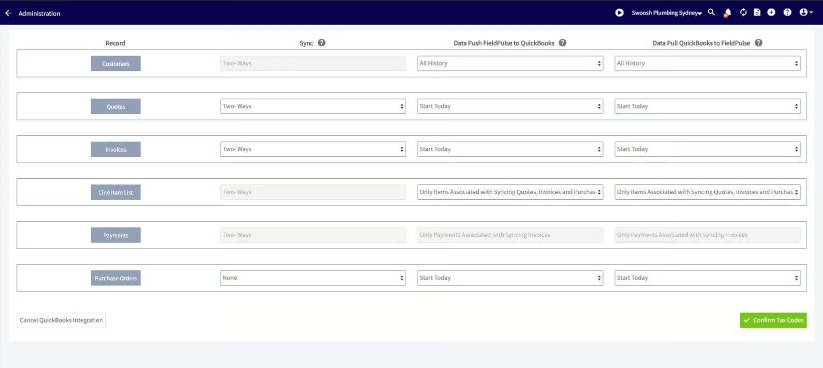 Sync setup table choosing sync direction and data range for each record type