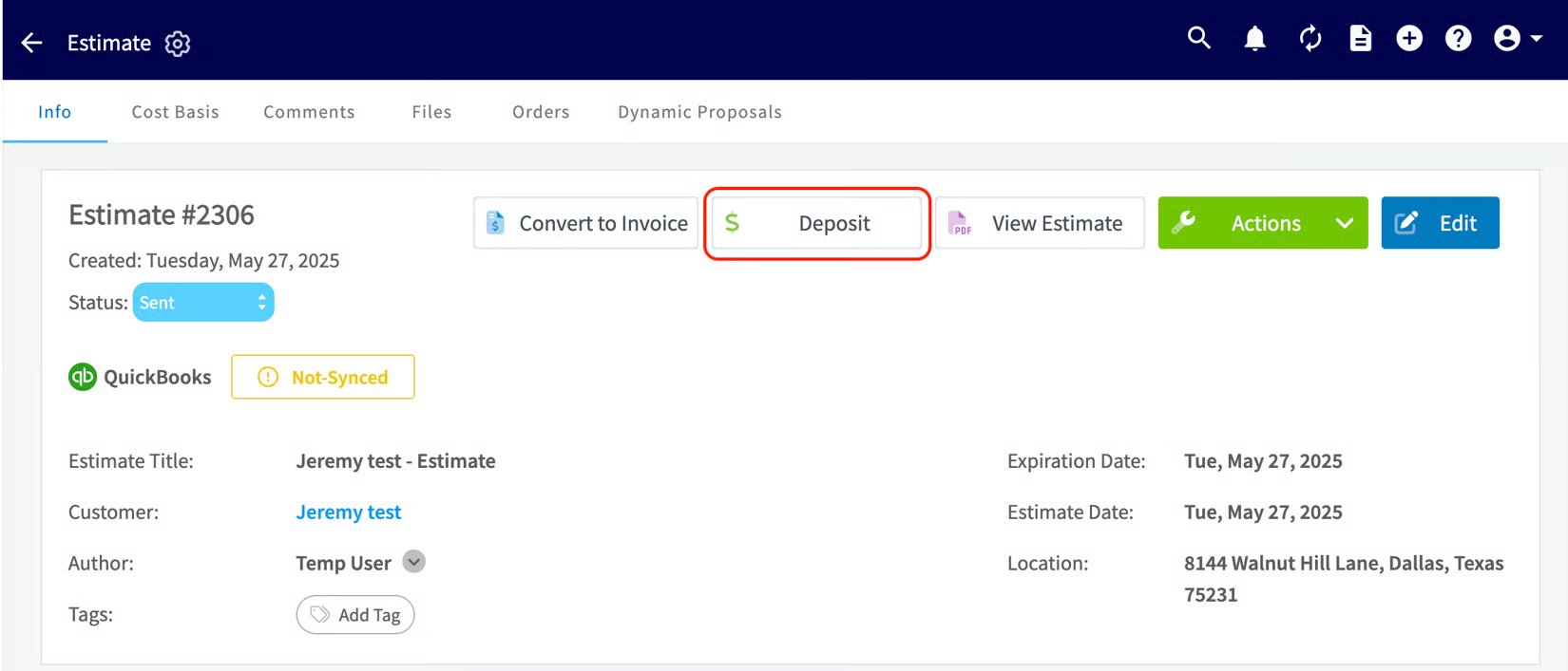 Estimate record header with the Deposit button highlighted beside Convert to Invoice