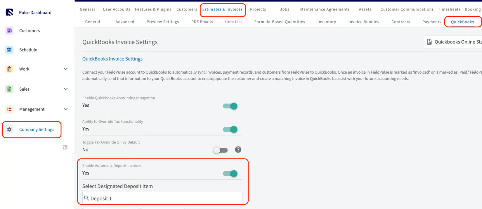 QuickBooks Invoice Settings with Enable Automatic Deposit Invoices set to Yes and a designated deposit item selected