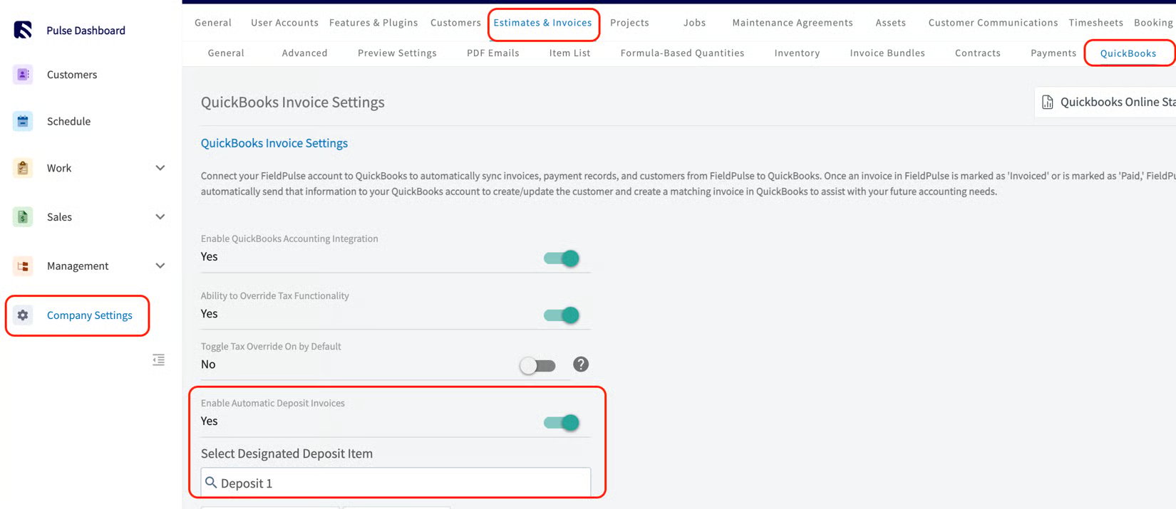 QuickBooks Invoice Settings with Enable Automatic Deposit Invoices set to Yes and a designated deposit item selected