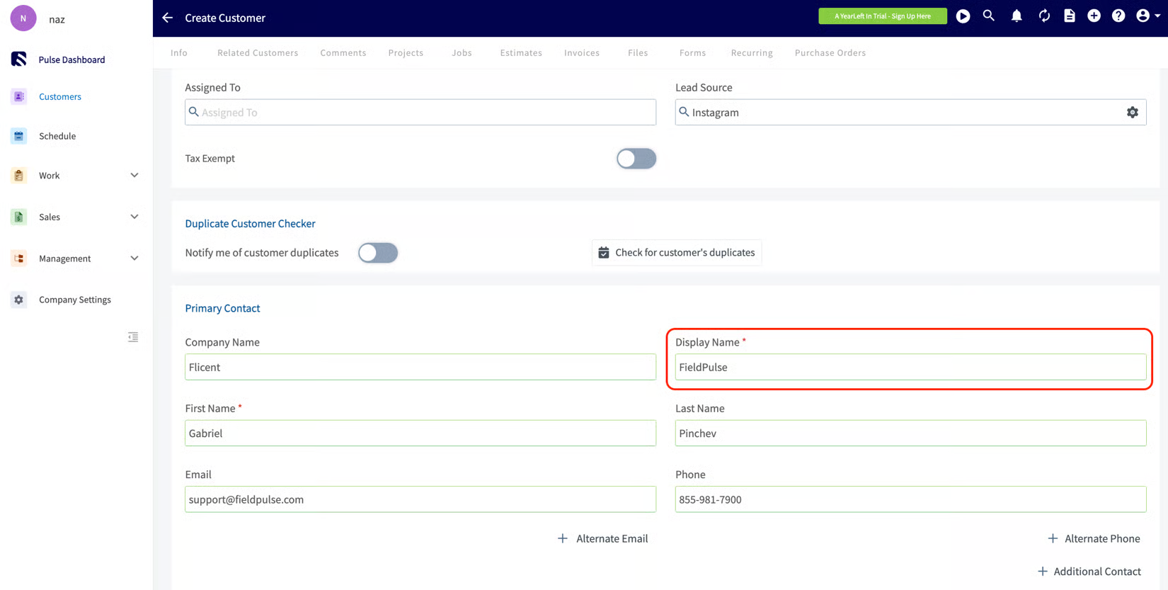 Create Customer form with the required Display Name field highlighted under Primary Contact
