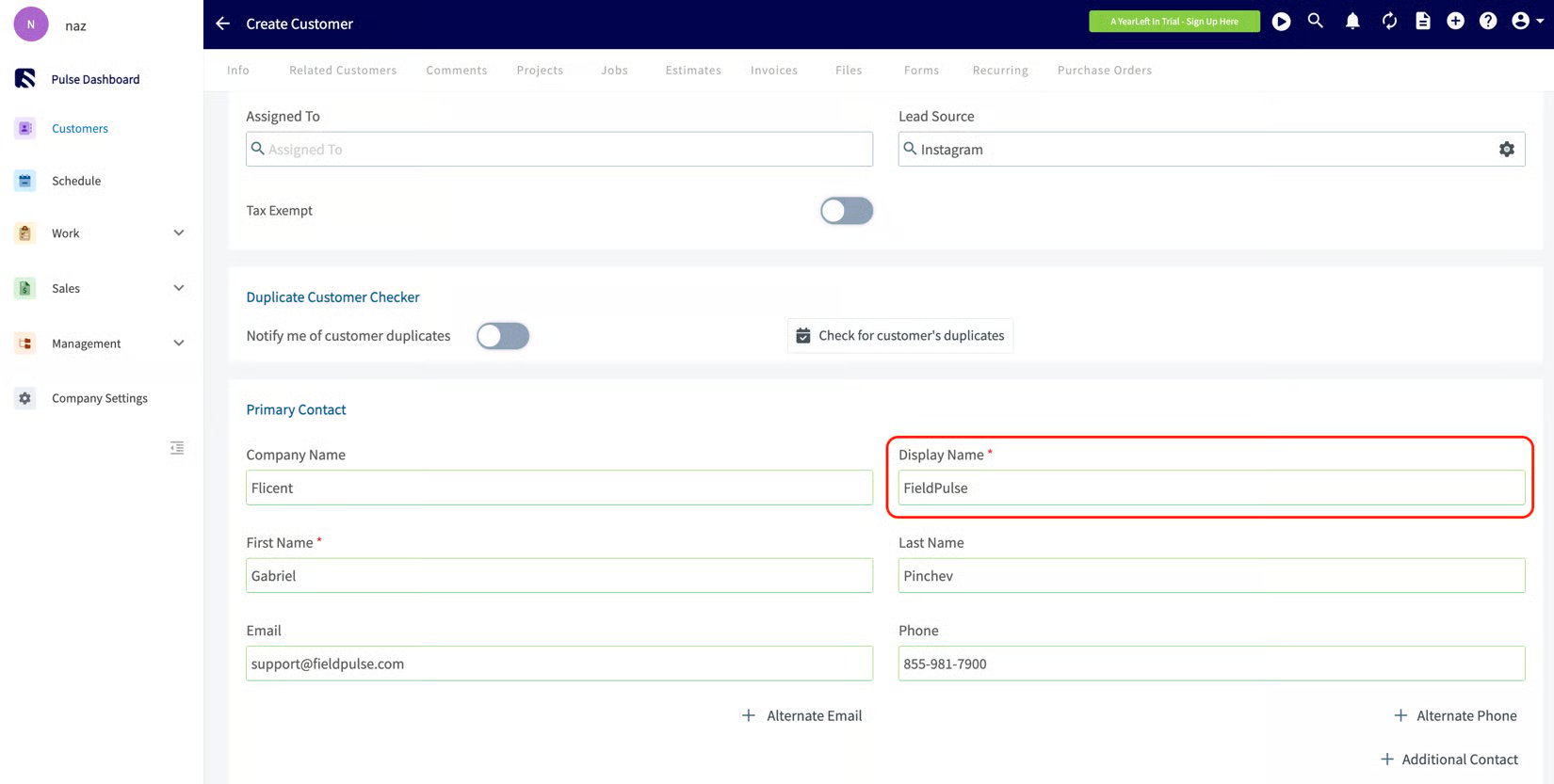 Create Customer form with the required Display Name field highlighted under Primary Contact