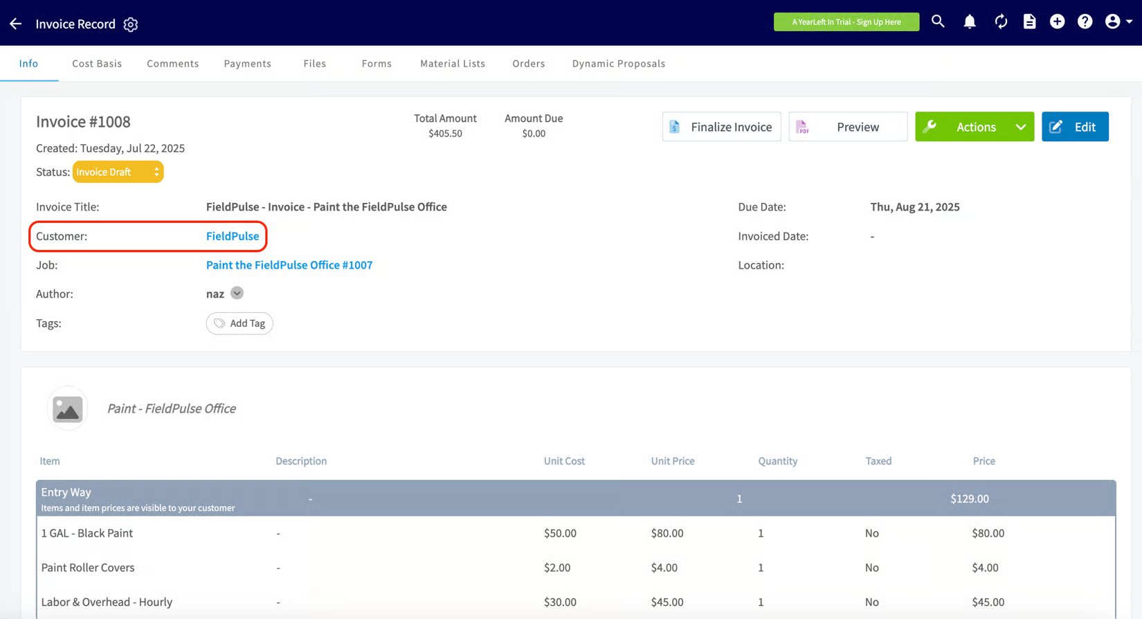 Invoice record showing the customer's Display Name in the Customer field