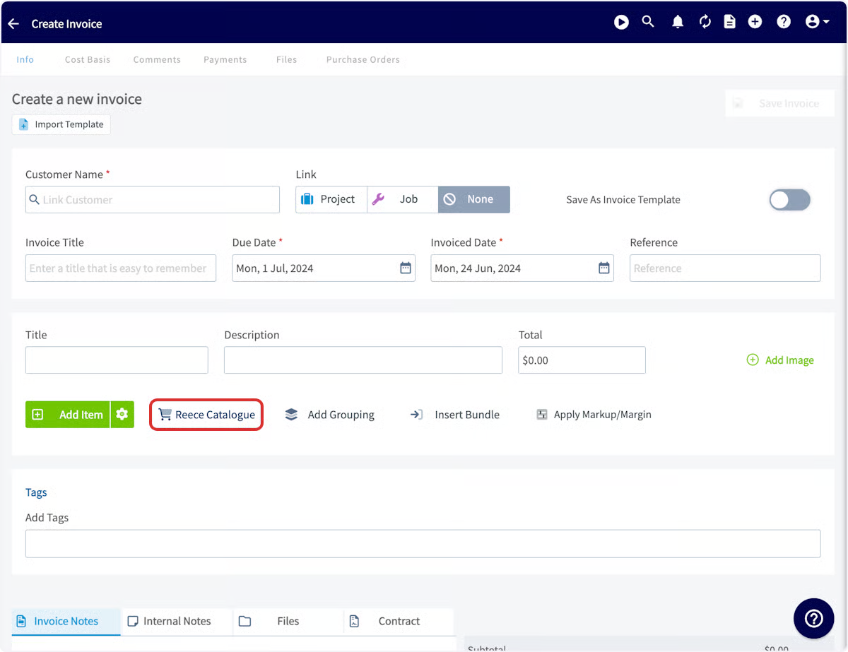 FieldPulse Create Invoice screen with the Reece Catalogue button highlighted
