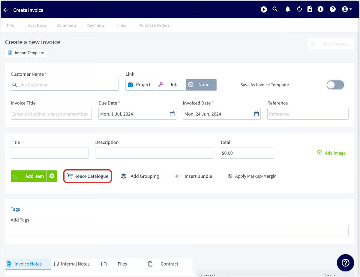 FieldPulse Create Invoice screen with the Reece Catalogue button highlighted