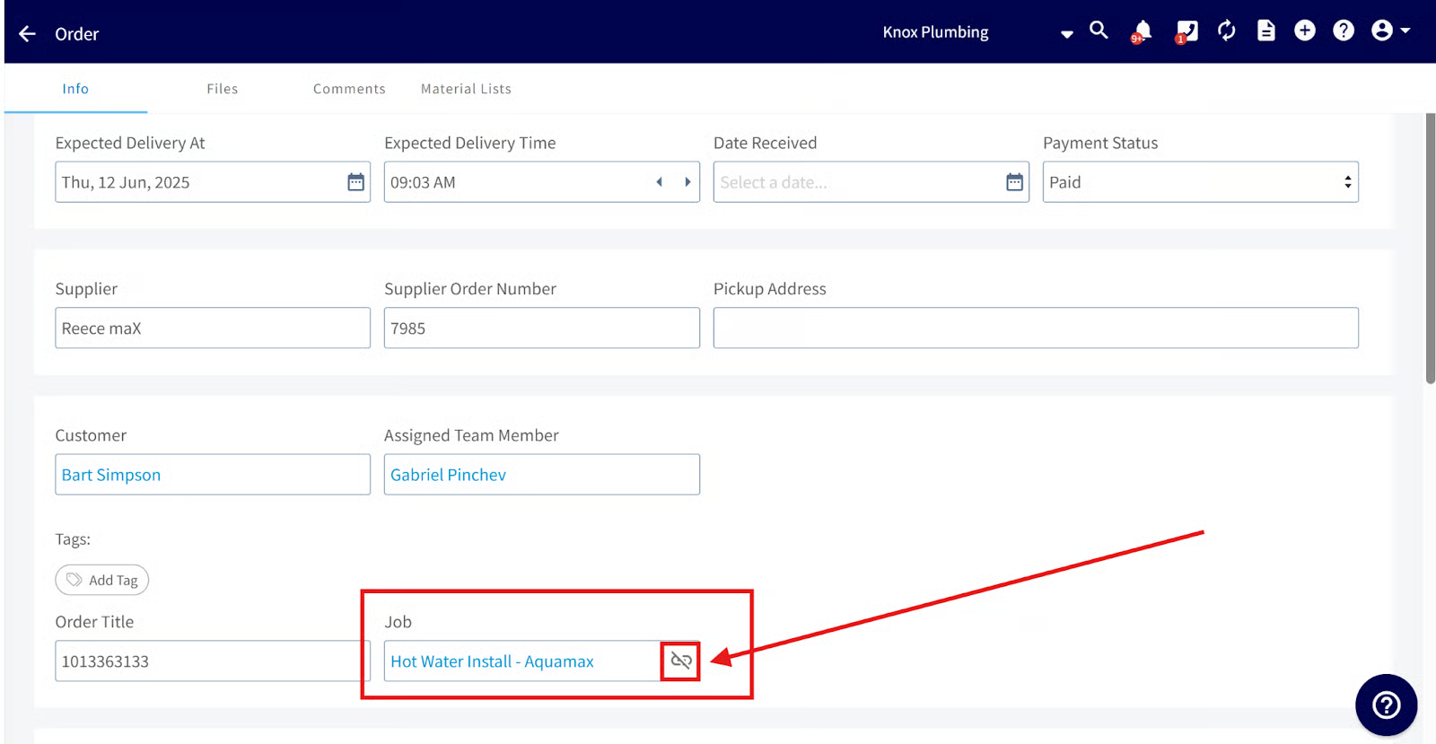 FieldPulse order with the unlink icon beside the linked Job field highlighted