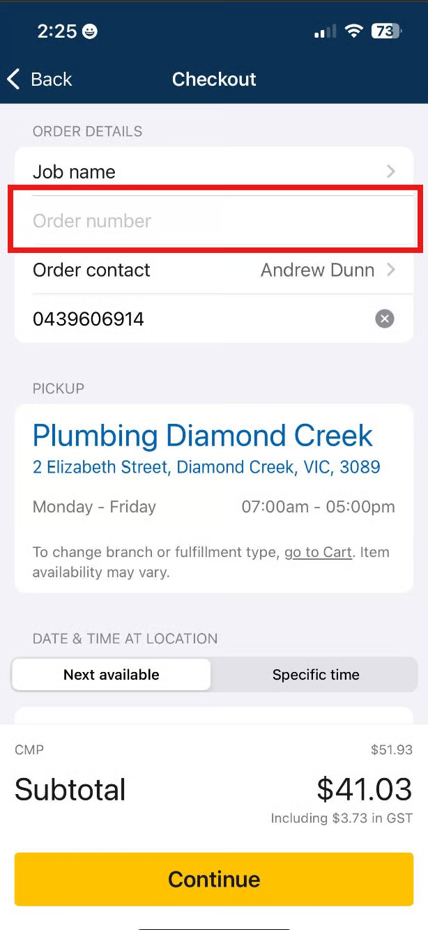 Reece maX mobile app Checkout screen with the Order number field highlighted