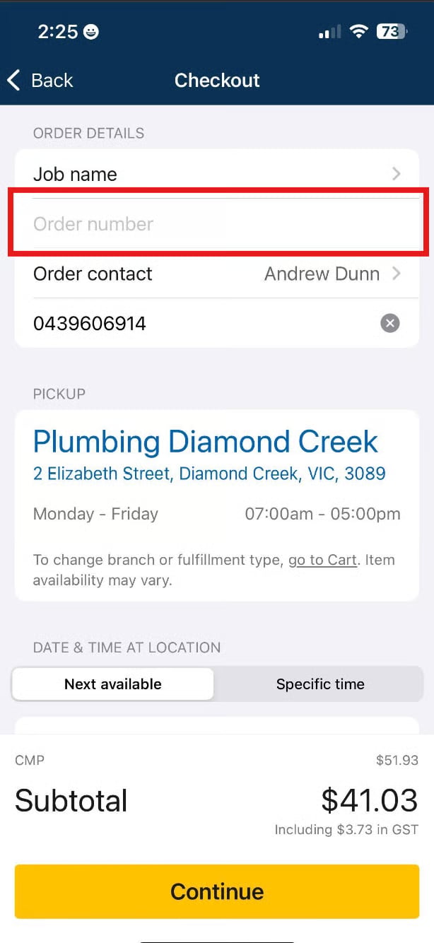 Reece maX mobile app Checkout screen with the Order number field highlighted