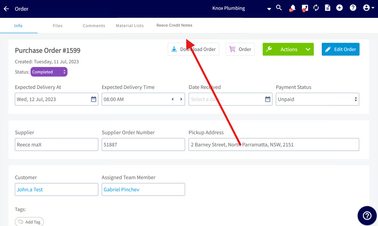 Purchase order in FieldPulse with an arrow pointing to the Reece Credit Notes tab