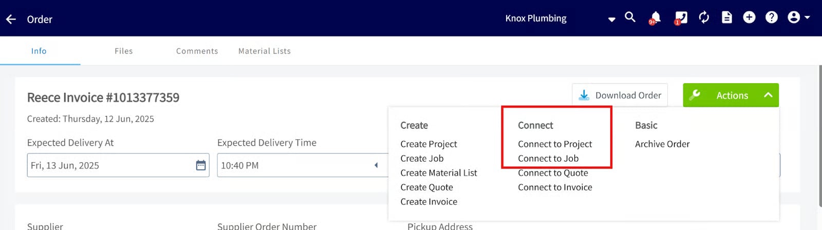 FieldPulse order Actions menu with Connect to Project and Connect to Job highlighted