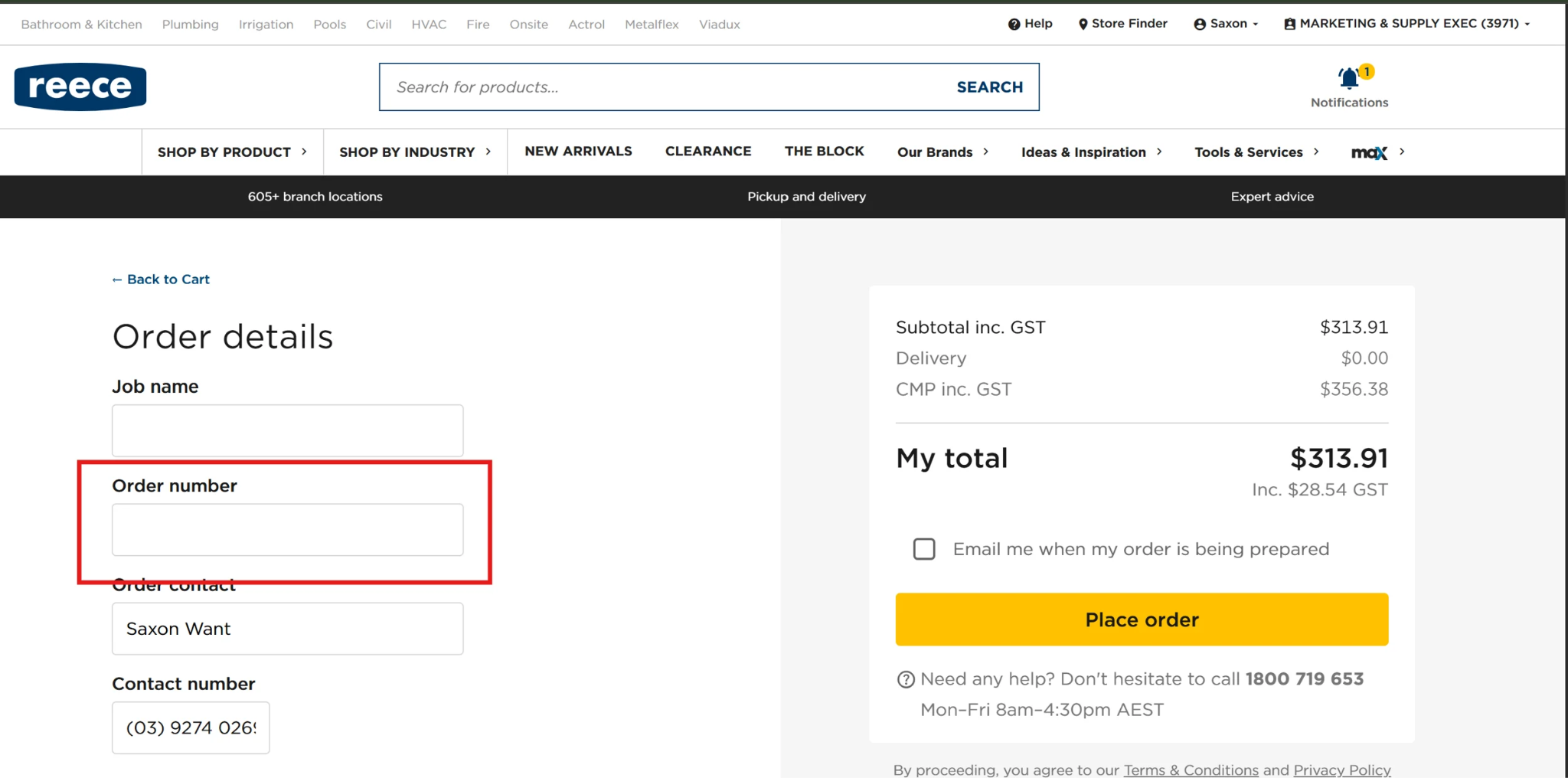 Reece maX website Order details checkout page with the Order number field highlighted