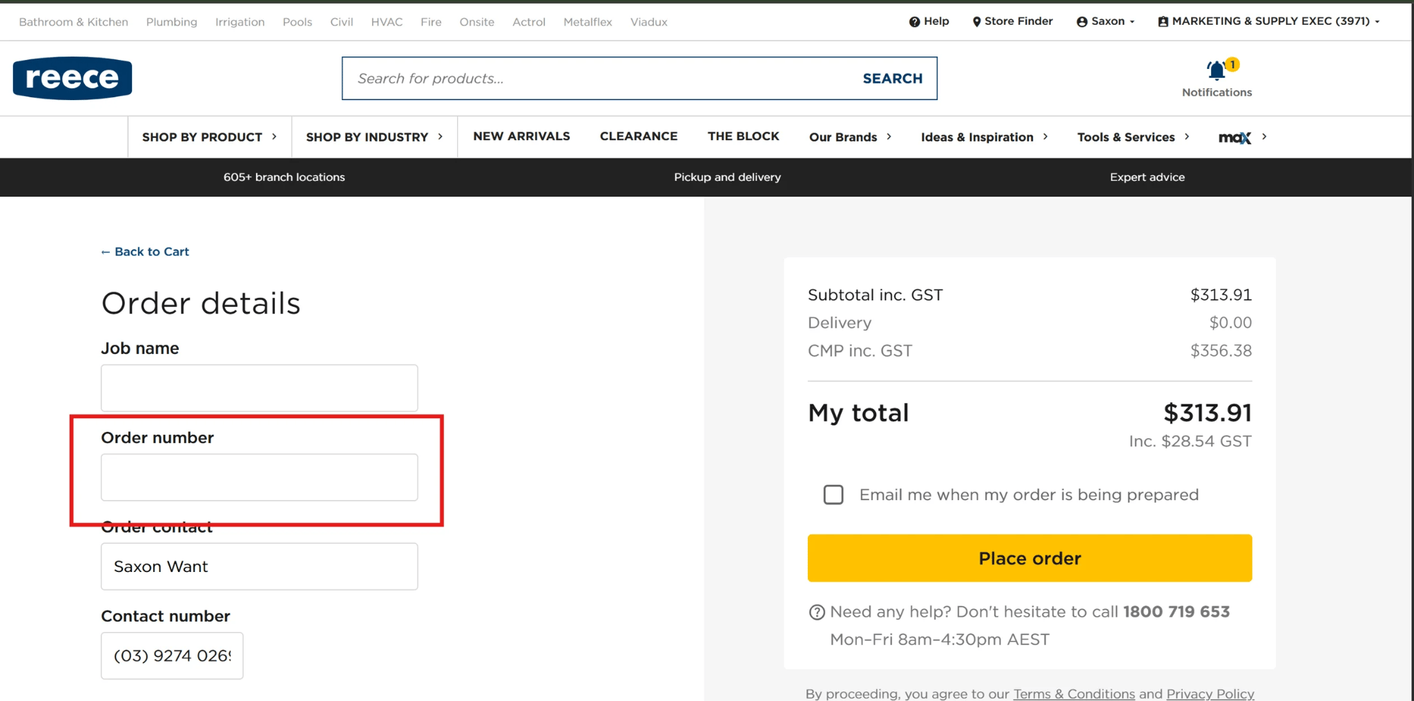 Reece maX website Order details checkout page with the Order number field highlighted