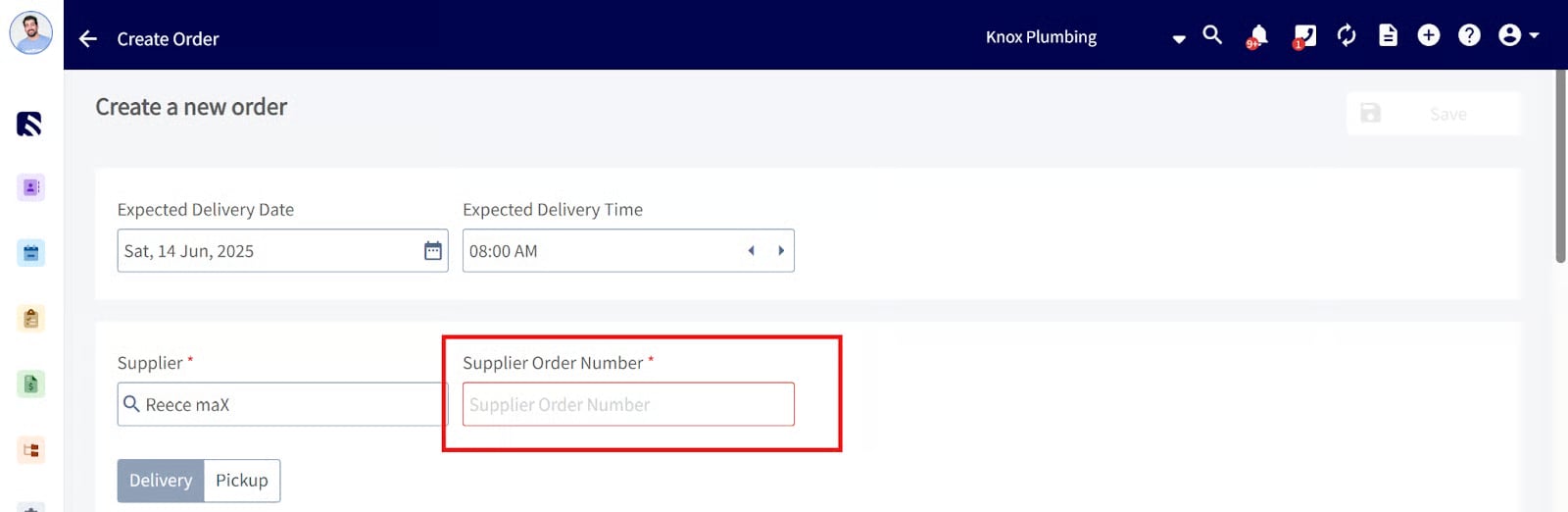 FieldPulse Create Order screen with the Supplier Order Number field highlighted for Reece maX