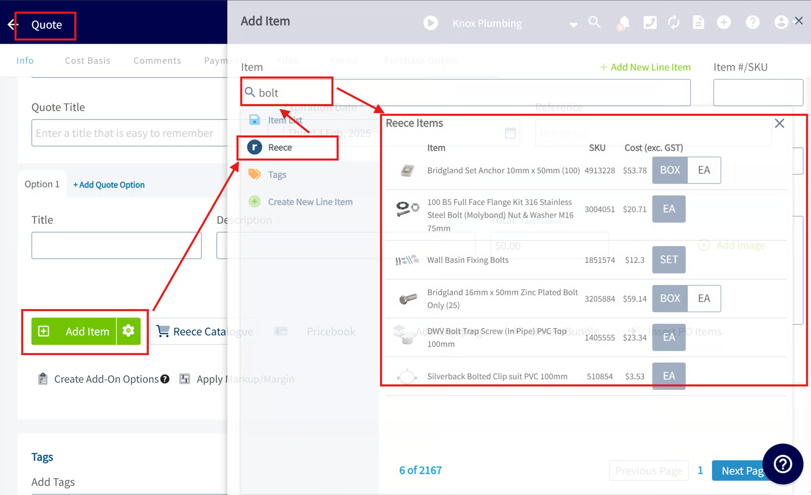 FieldPulse quote Add Item panel with the Reece tab selected and Reece Items search results