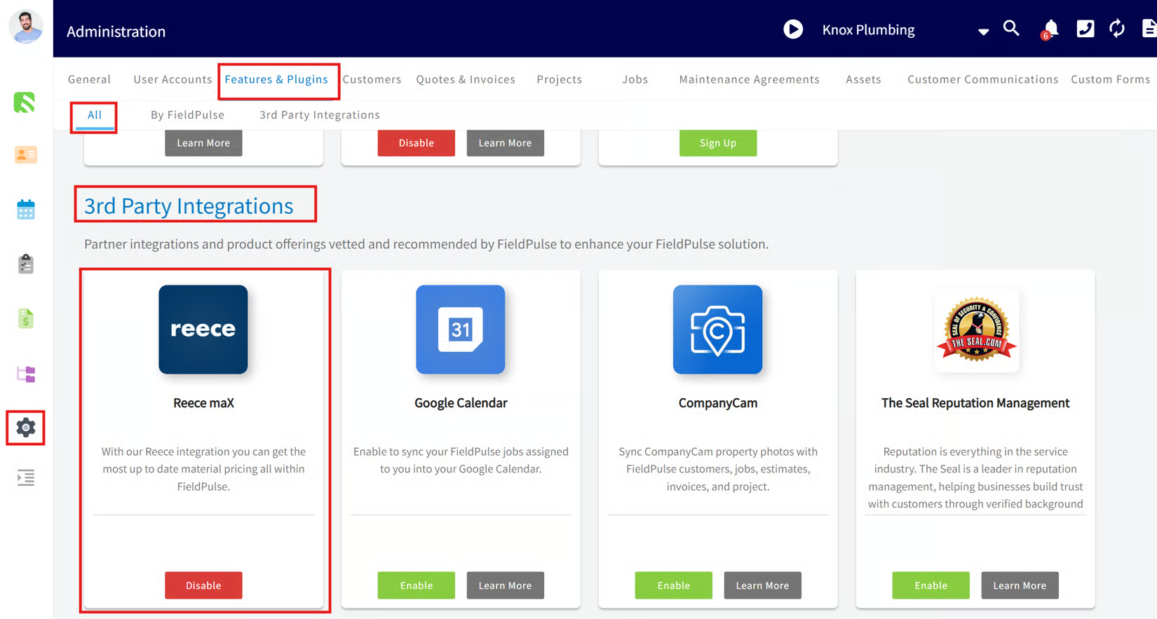 Company Settings Features and Plugins page with the Reece maX integration card highlighted