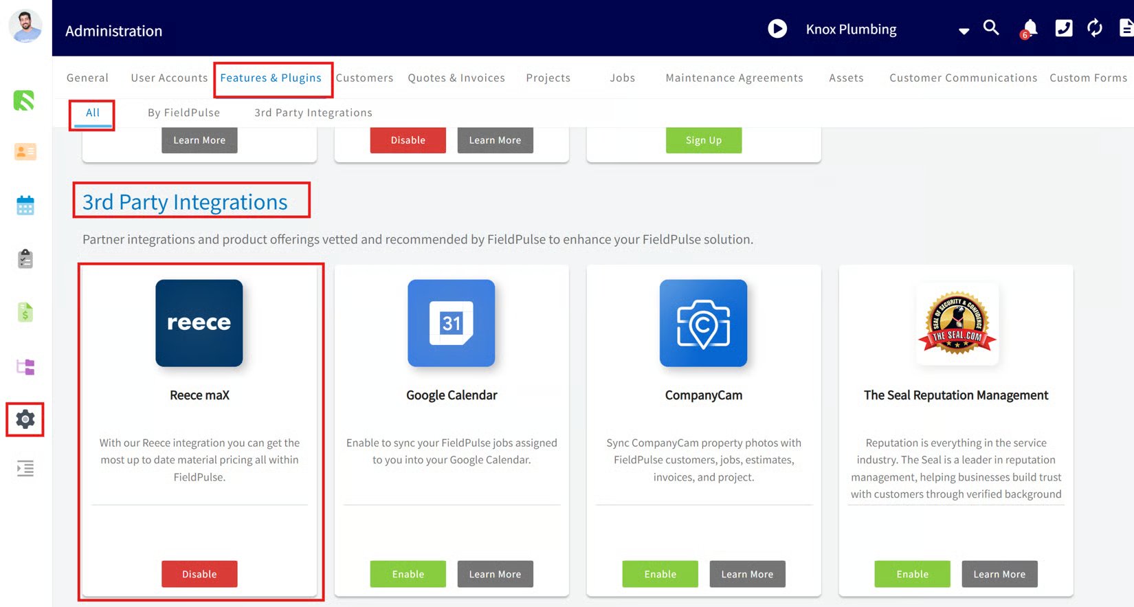 Company Settings Features and Plugins page with the Reece maX integration card highlighted