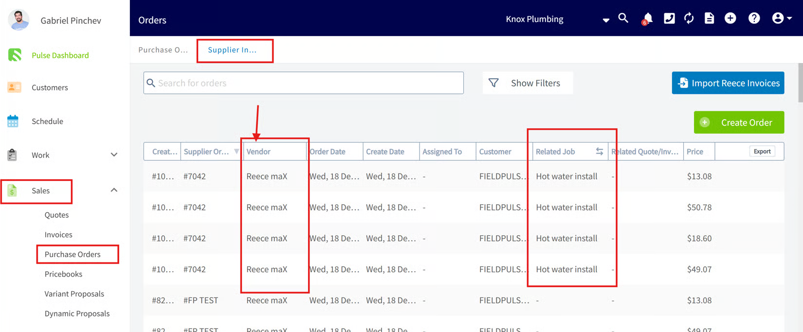 Sales Purchase Orders Supplier Invoices list showing Reece maX vendor and Related Job columns