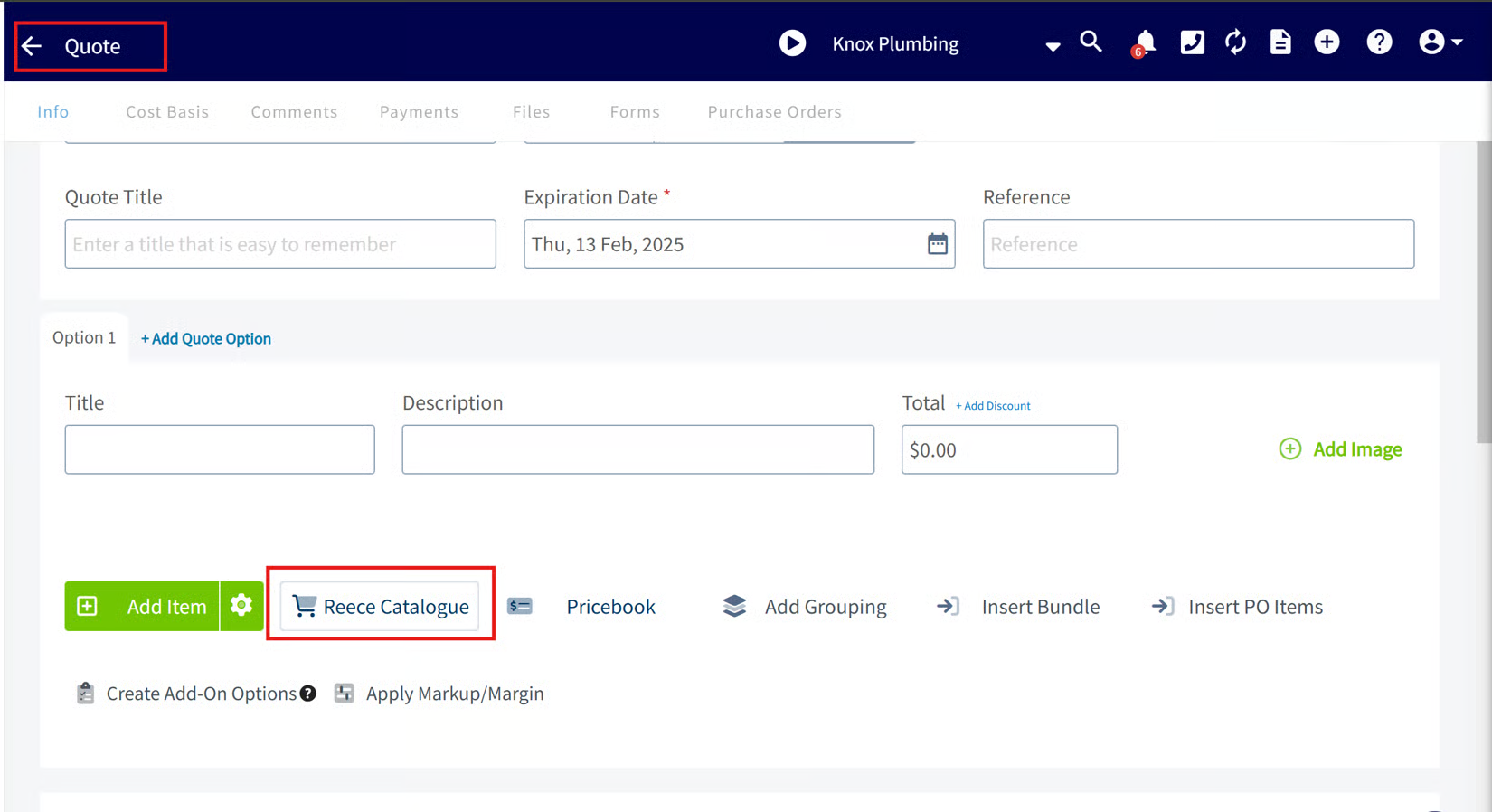 FieldPulse quote screen with the Reece Catalogue button highlighted beside Add Item