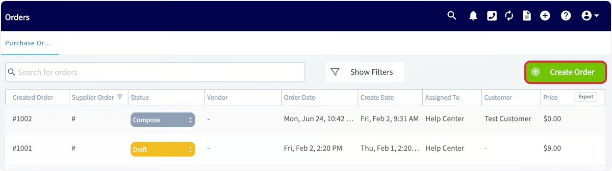 FieldPulse Purchase Orders list with the Create Order button highlighted