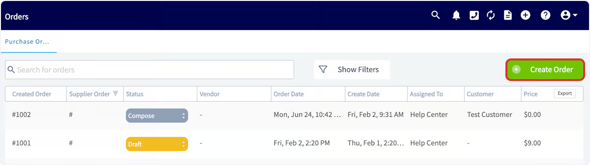 FieldPulse Purchase Orders list with the Create Order button highlighted