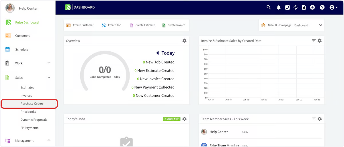 FieldPulse left-hand menu with Purchase Orders highlighted under Sales