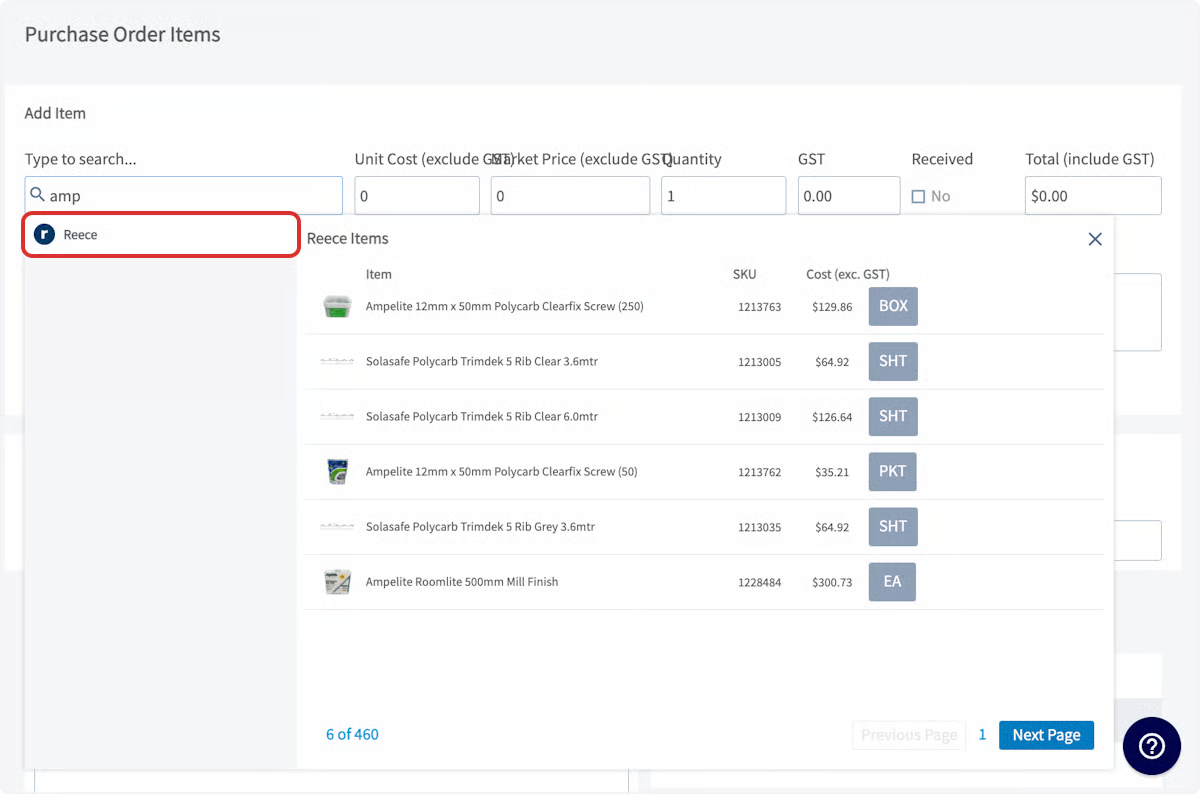 Purchase Order Items search with the Reece tab selected and matching Reece parts listed
