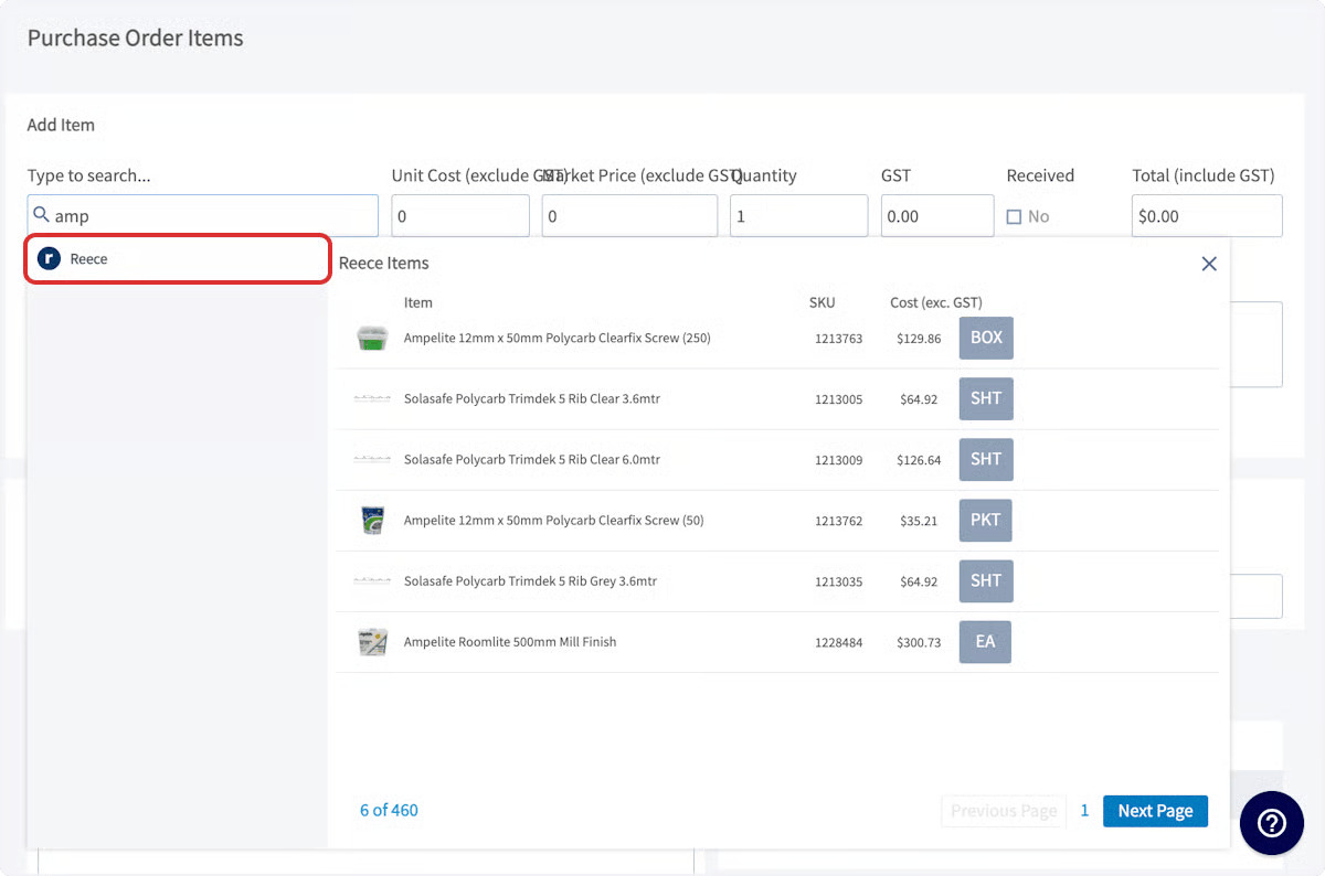 Purchase Order Items search with the Reece tab selected and matching Reece parts listed