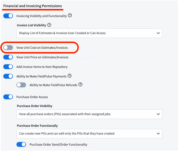 Financial and Invoicing Permissions with View Unit Cost on Estimates/Invoices switched off