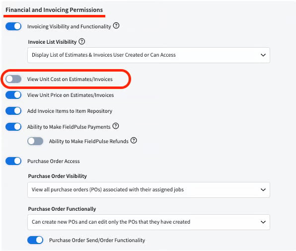 Financial and Invoicing Permissions with View Unit Cost on Estimates/Invoices switched off