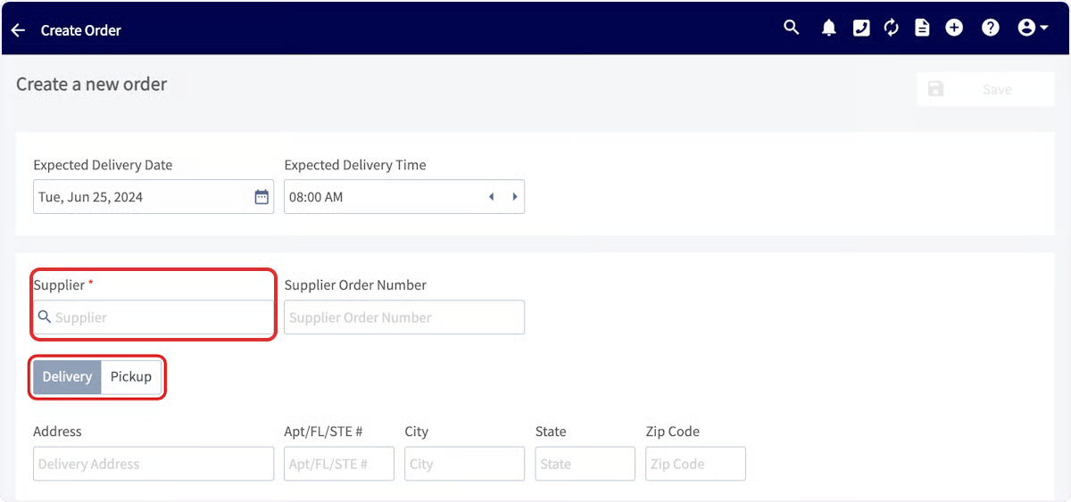 Create a new order screen with the Supplier field and Delivery/Pickup toggle highlighted