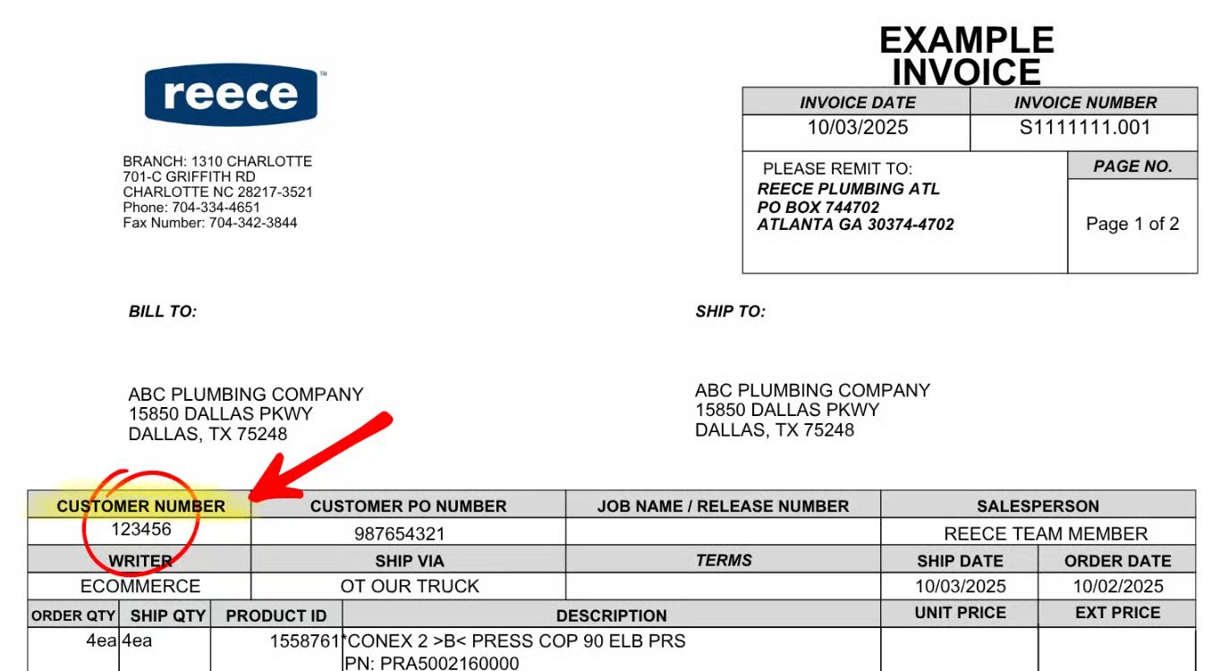 Example Reece invoice with the Customer Number column circled in red