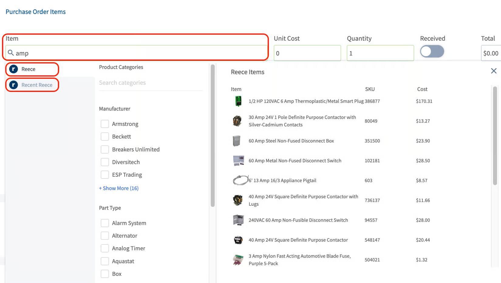 Purchase Order Items search returning Reece parts with SKU, cost, and quantity fields
