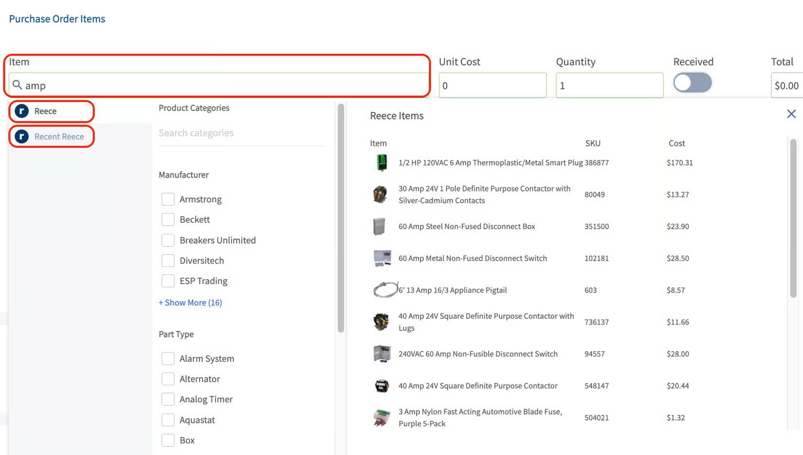 Purchase Order Items search returning Reece parts with SKU, cost, and quantity fields