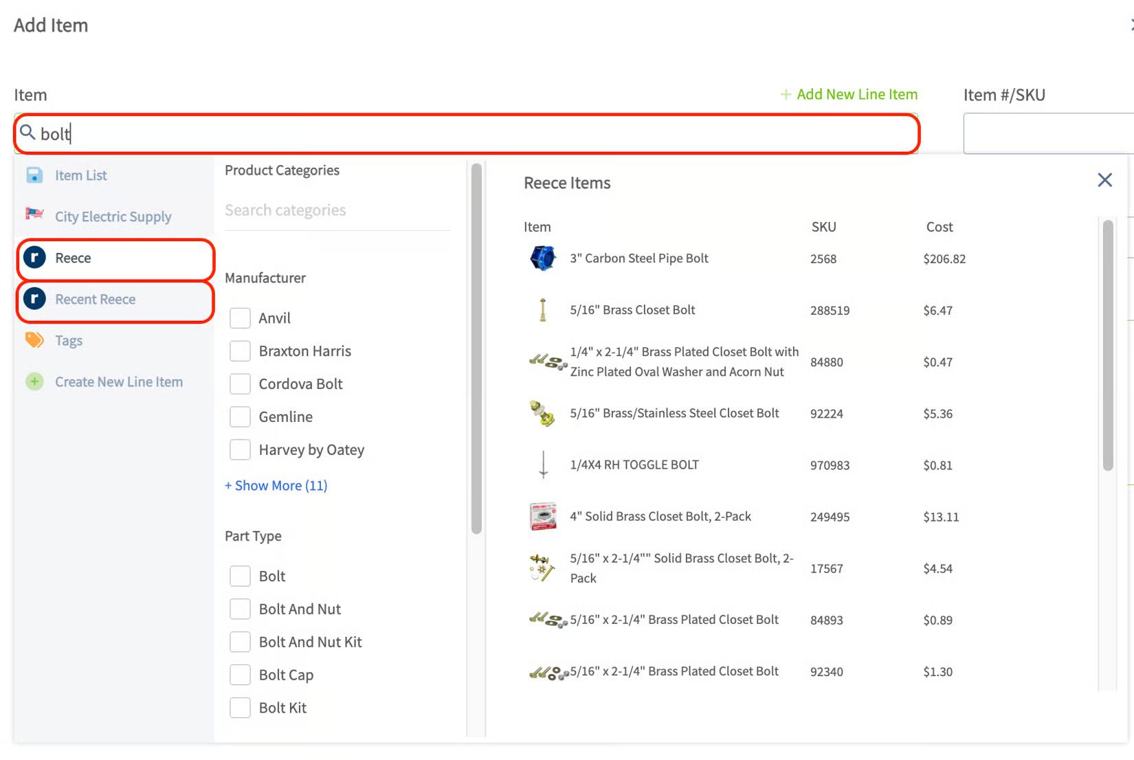 Add Item panel with the Reece and Recent Reece tabs highlighted beside Reece item search results