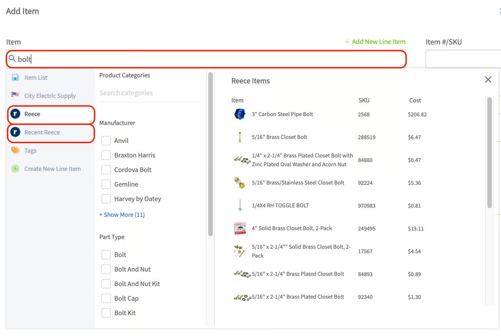 Add Item panel with the Reece and Recent Reece tabs highlighted beside Reece item search results
