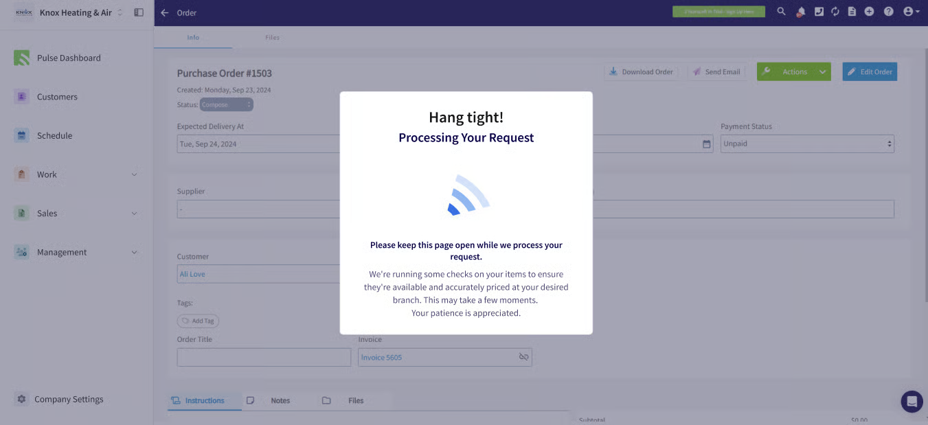 Hang tight processing modal over a purchase order while Reece items are checked