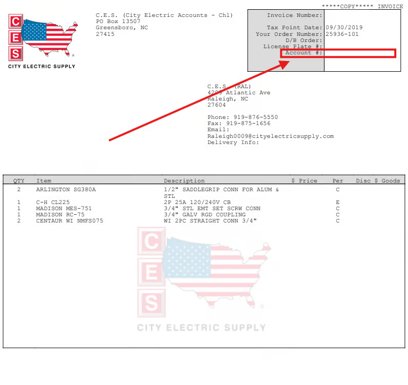 City Electric Supply invoice with the Account # field highlighted in the header