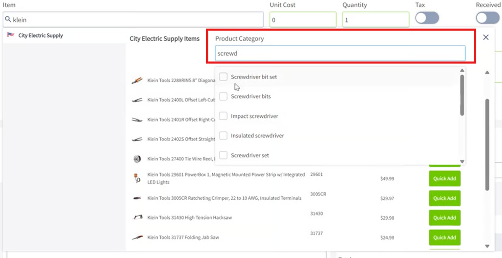 City Electric Supply item search with the Product Category filter and Quick Add buttons
