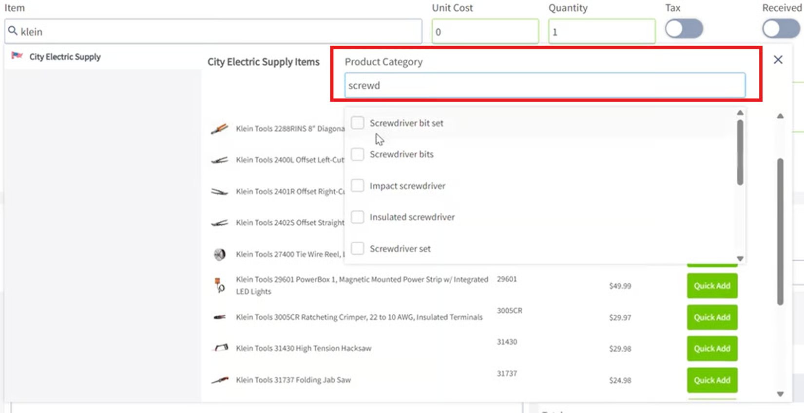 City Electric Supply item search with the Product Category filter and Quick Add buttons