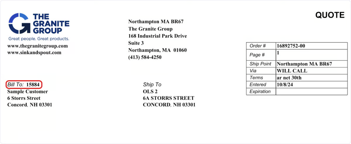 Granite Group quote header with the Bill To account number circled in red