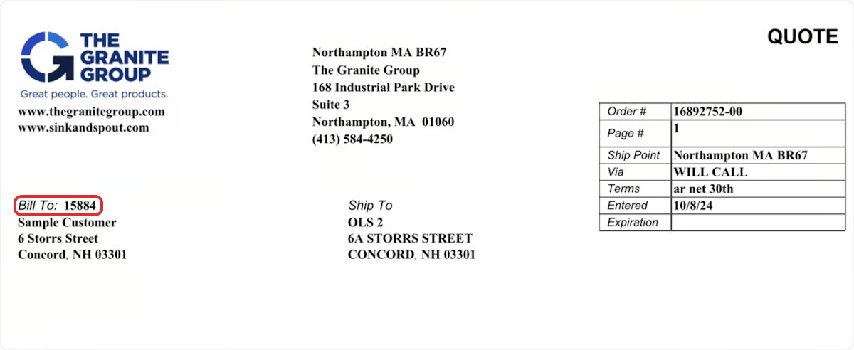 Granite Group quote header with the Bill To account number circled in red