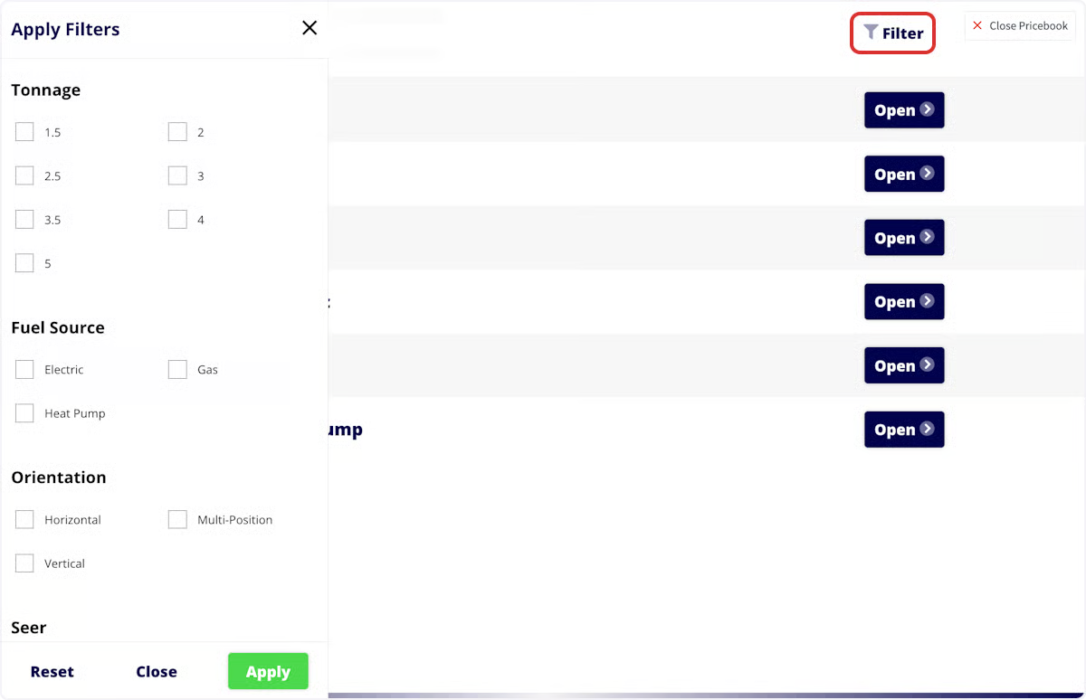 Costbook Apply Filters panel showing Tonnage, Fuel Source, and Orientation options