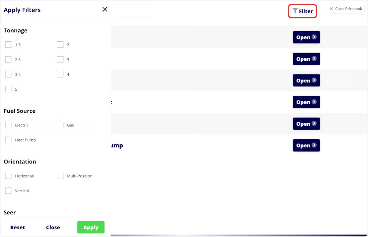 Costbook Apply Filters panel showing Tonnage, Fuel Source, and Orientation options