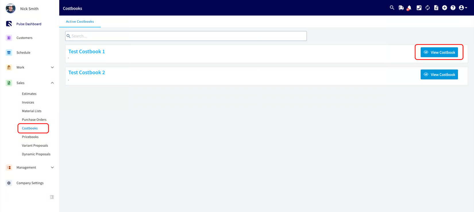 FieldPulse Costbooks page with Costbooks highlighted in the left-side Sales menu