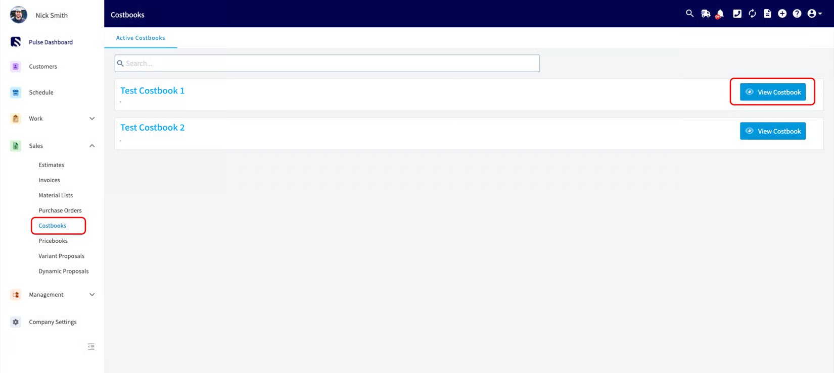 FieldPulse Costbooks page with Costbooks highlighted in the left-side Sales menu