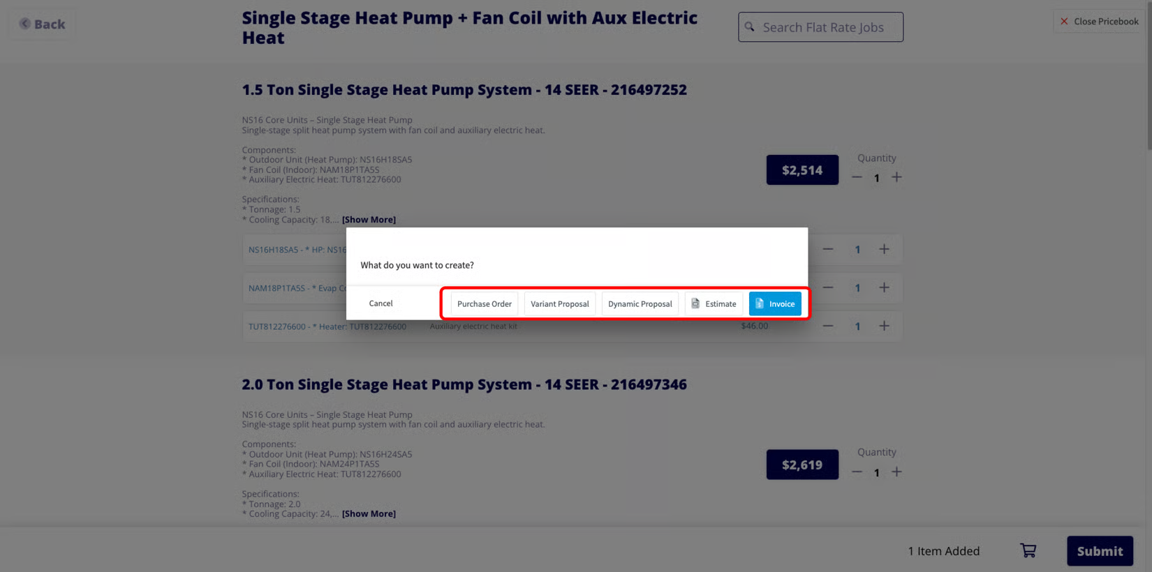 Costbook heat pump option with the What do you want to create dialog open