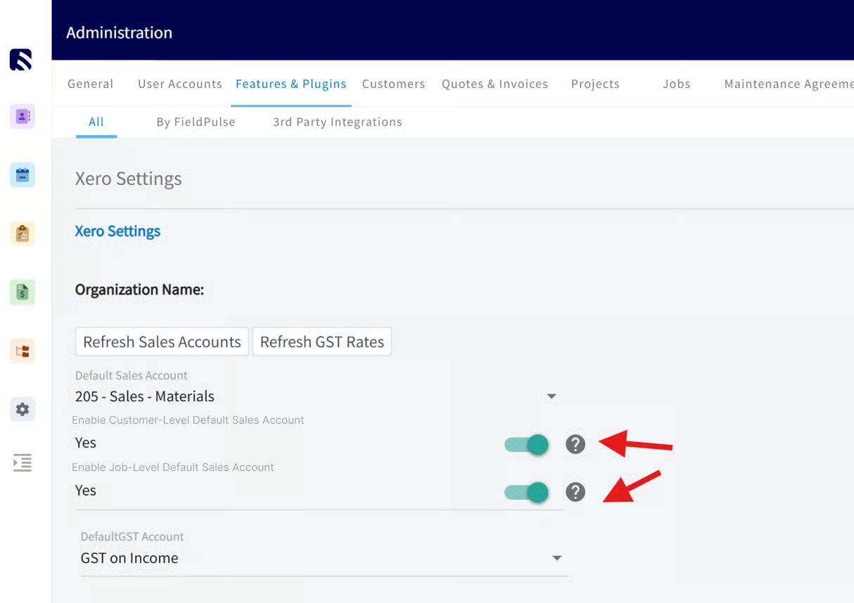 Xero Settings page with Customer-Level and Job-Level Default Sales Account toggles set to Yes