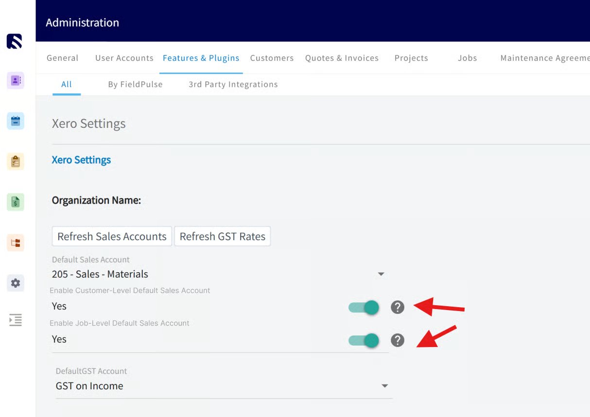 Xero Settings page with Customer-Level and Job-Level Default Sales Account toggles set to Yes