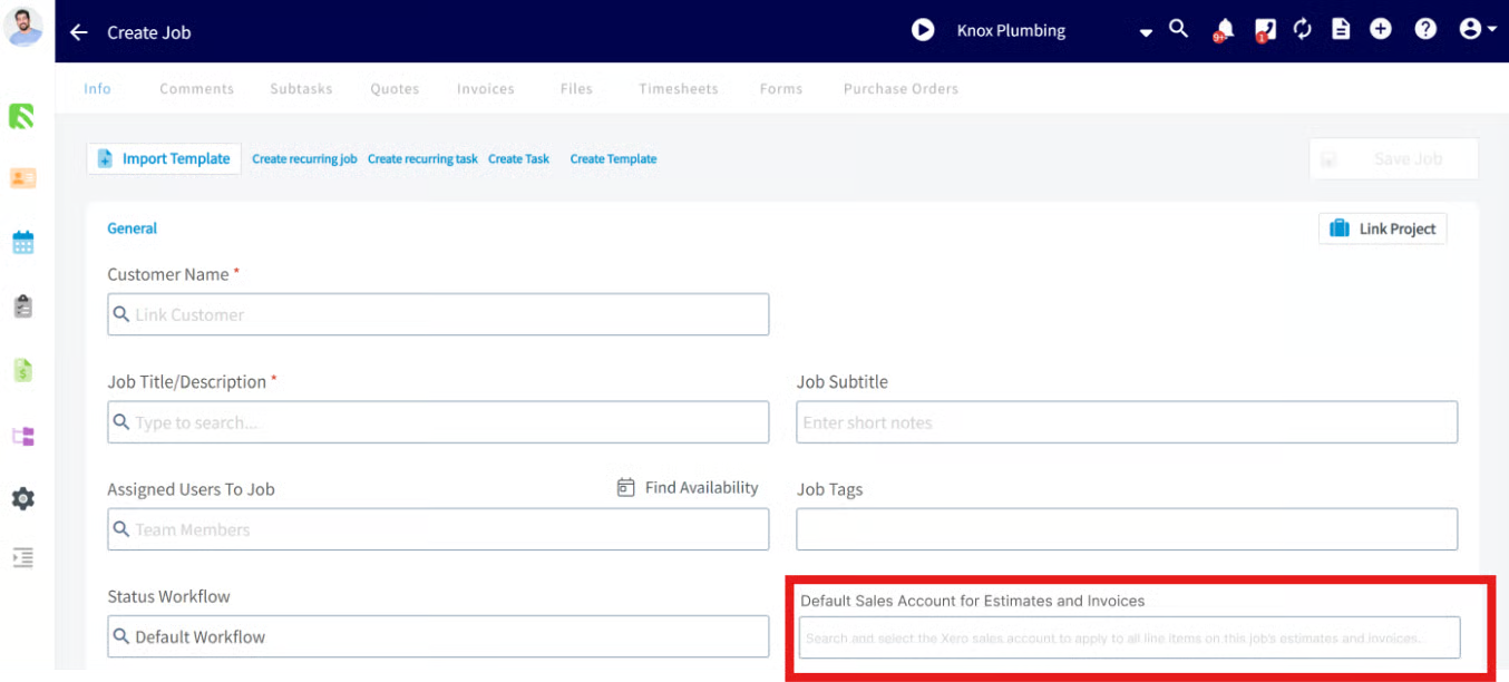 Create Job form with the Default Sales Account for Estimates and Invoices field highlighted