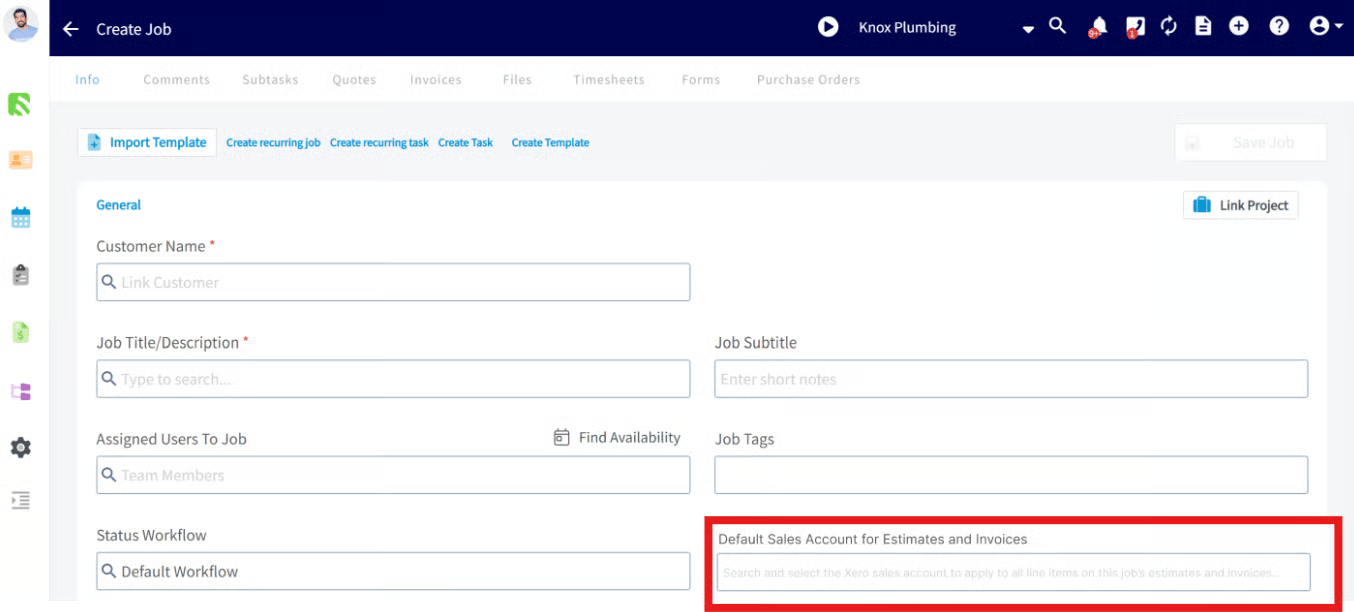 Create Job form with the Default Sales Account for Estimates and Invoices field highlighted